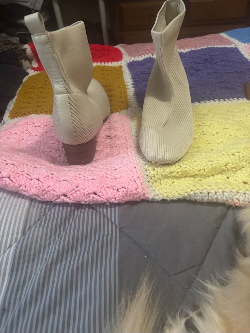 Women's Cream Knit Sock Booties with Block Heel